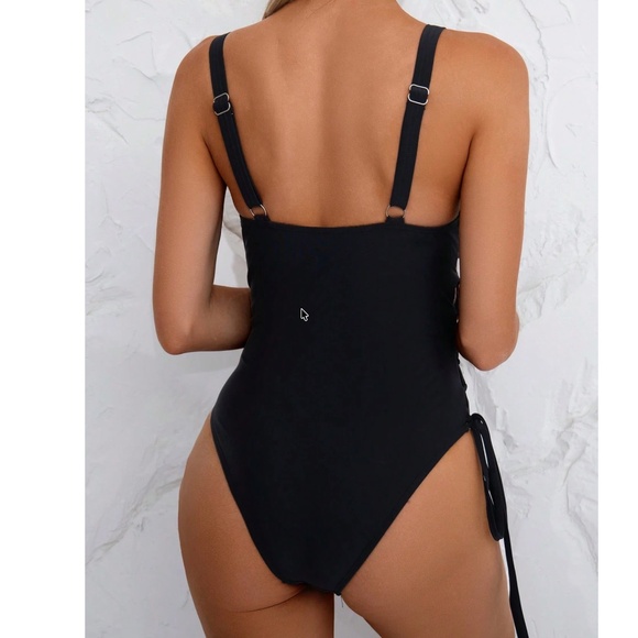 Black Lace up side detail One Piece Monokini Swimsuit - Picture 7 of 9
